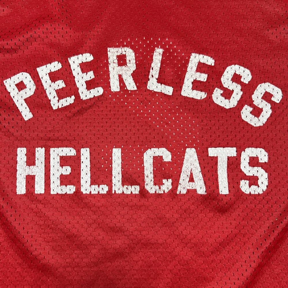 Vintage 70s Peerless Hellcats Softball Womens Tee Shirt Mesh Jersey Red Sz L - Picture 3 of 6